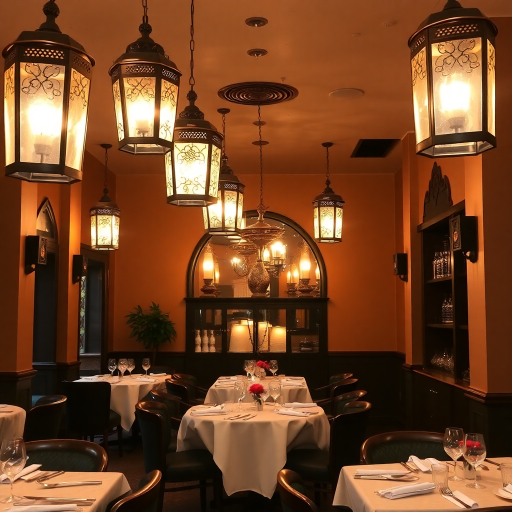 elegant Syrian restaurant interior with traditional lanterns, warm lighting, and authentic Middle Eastern decor