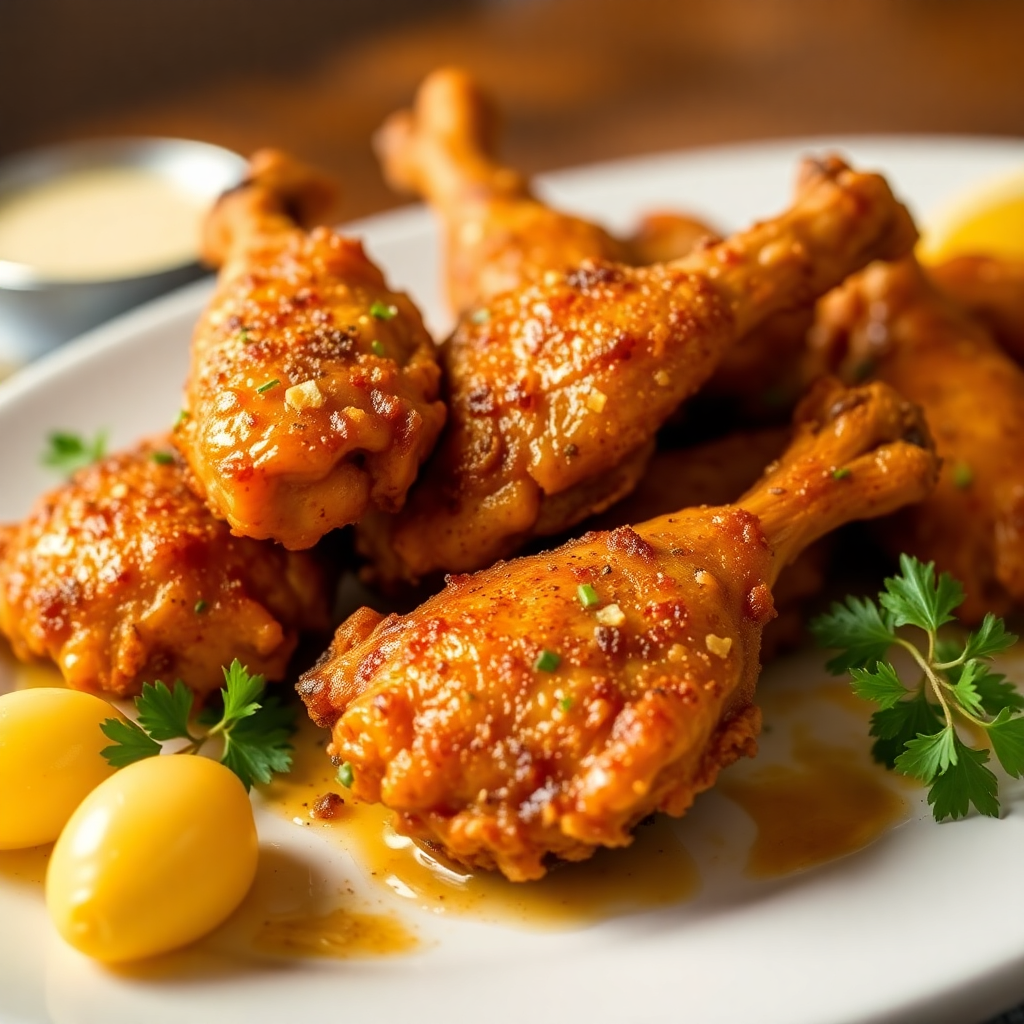 golden crispy broasted chicken pieces on serving platter