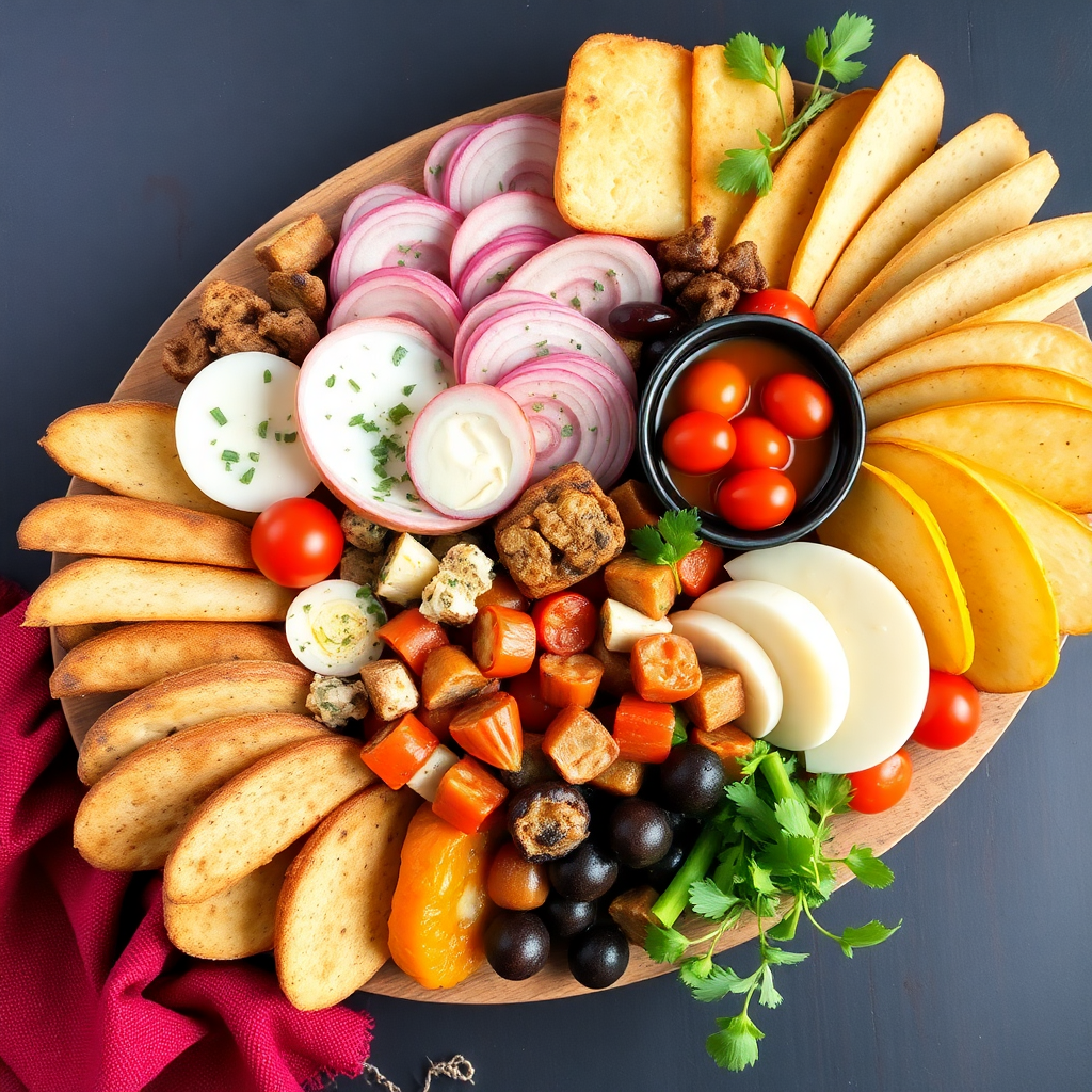 traditional Syrian mezze platter arrangement top view