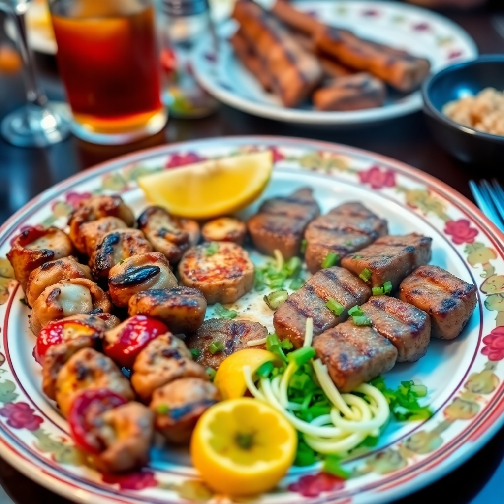 authentic Syrian mixed grill platter with kabab, tikka, and shish tawook on traditional plate